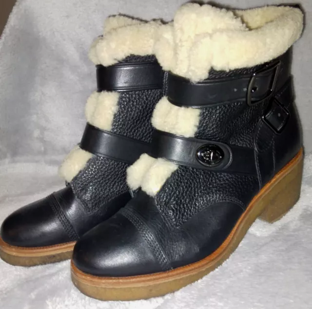 Coach PRESTON Black Leather Sherpa Lined Turnlock Ankle BOOTS 9B Women's