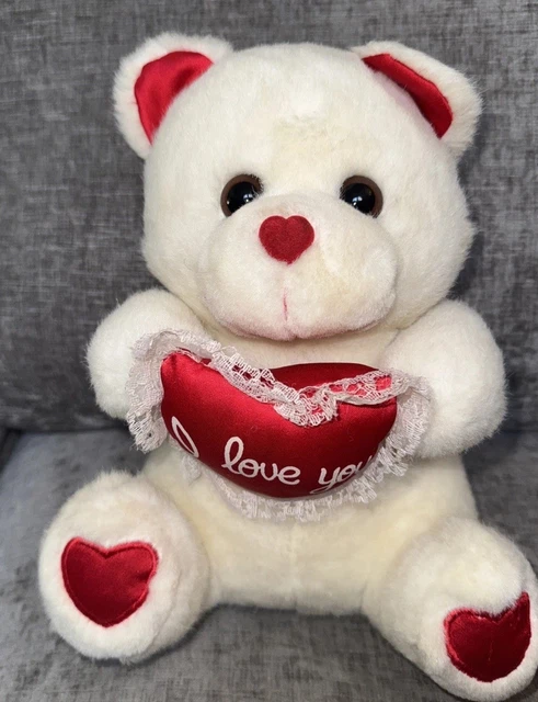 Pillow White Teddy Bear With Red Heart DIAMOND PLUSH TOYS White