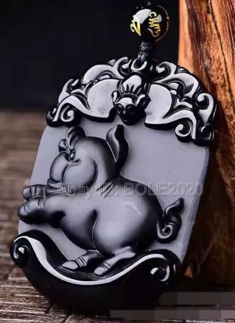 Natural Black Obsidian Carved Chinese Zodiac Lucky Amulet Pendant Charm Necklace