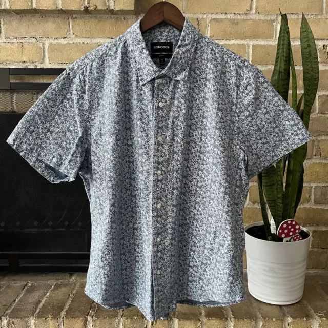 BONOBOS MENS SHORT Sleeve Floral Print Denim Chambray Shirt Size XL ...