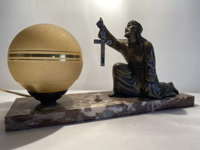 Beautiful French Antique Jesus Christ Lamp/Glass Globe Art Deco Bronze Effect