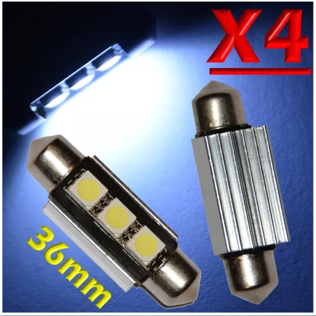 4 LED Siluro 36mm 3 SMD Canbus Lampade BIANCO Luci Interno Targa Xenon No Errore