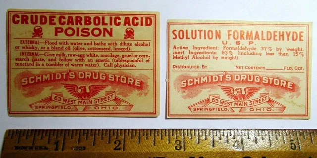 Springfield OHIO - Schmidt's Drug Store TWO POISON LABELS - E9E-40