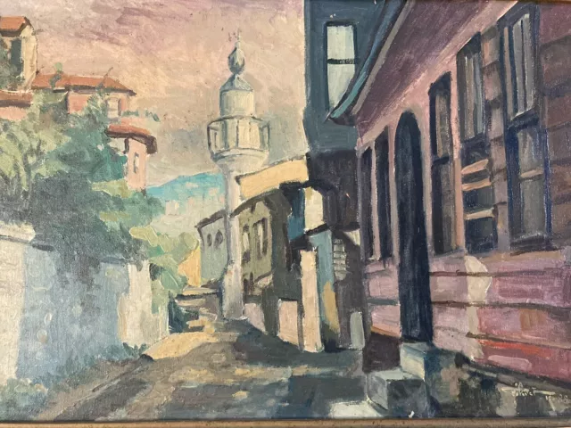 Très Belle Peinture Paysage Ville Huile Toile Turquie Fikret Kolverdi Art 1960