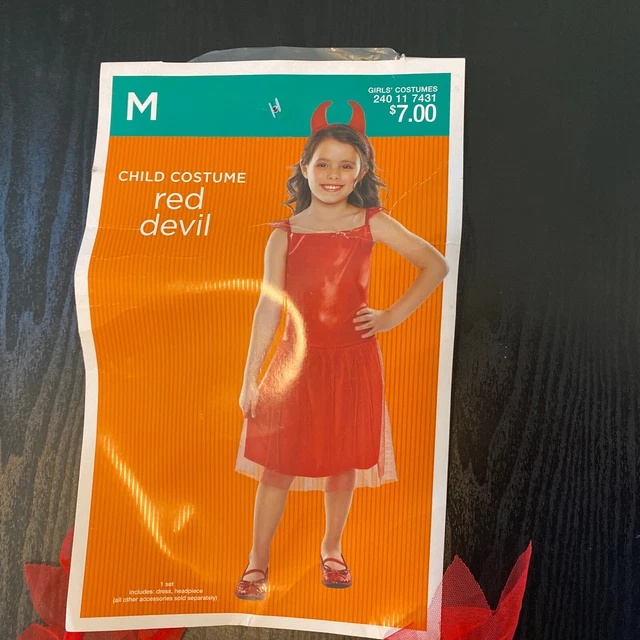 Red Devil Girls Child Halloween Costume Dress headband horns sash Size M 8-10