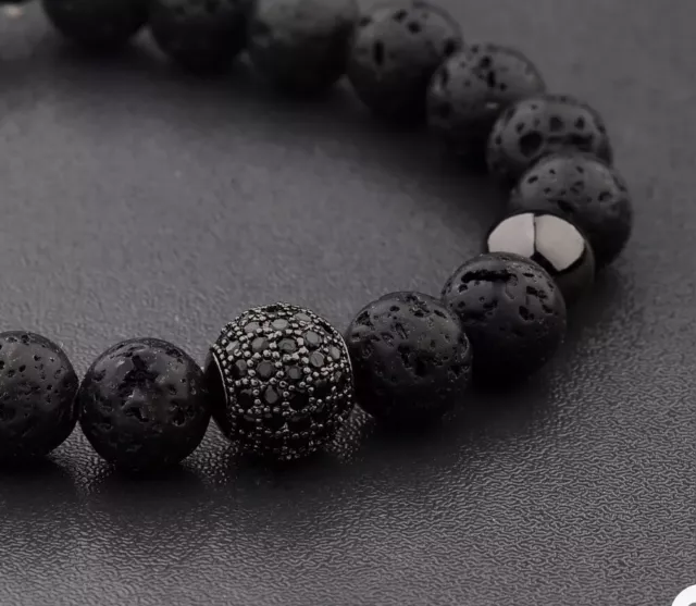 Charm Lava Stone Zircon Micro Pave Black Round Beaded Macrame Bracelet 5-3