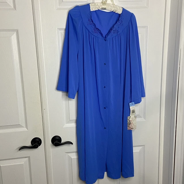 Shadowline Petals Embroidered Yoke House Gown Plus 1x Nylon Blue Buttons USA