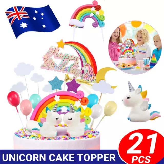 21pcs Unicorn Cake Topper Kit Cloud Rainbow Happy Birthday Banner Decorations