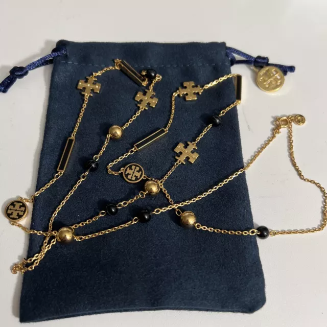 Tory Burch Kira Gold Black Enamel Long T Logo Necklace Chain With White Onix