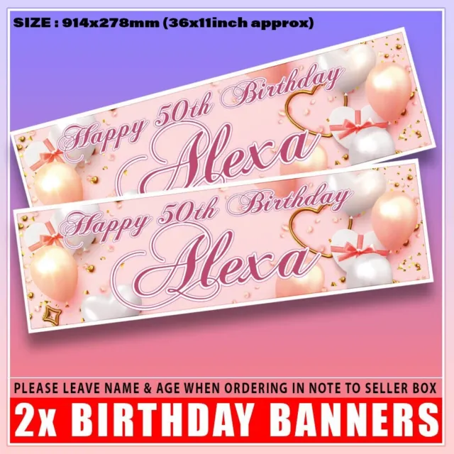 2 Personalised Rose Gold Birthday Banners - Pink Hearts, Any Name, Any Age