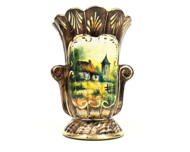 Vintage Ceramic Vase, Pottery Urn, Made in Belgium, Country Farmhouse Scene