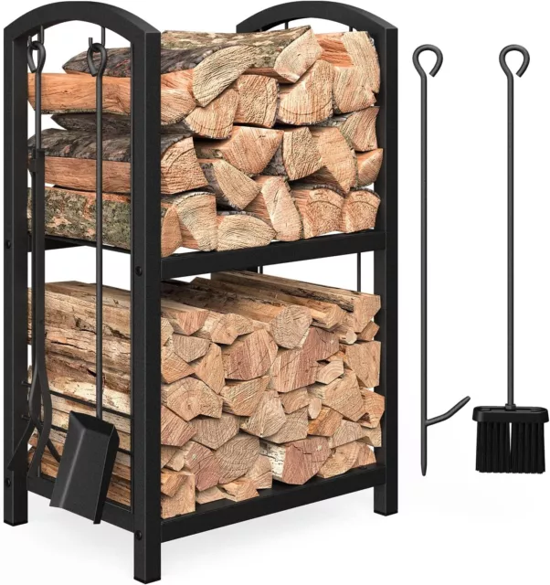 Mr IRONSTONE Firewood Rack with Fireplace 4-Piece Tools Set Tool Rack