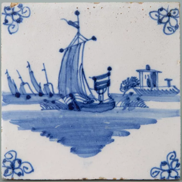 Nice Dutch Delft Blue tile, sailboat, circa 1800.