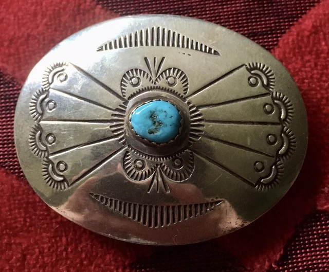Small Vintage Navajo Sterling Concho Belt Buckle With Turquoise hand stamped Small Vintage Navajo Sterling Concho Belt Buckle With Turquoise hand stamped