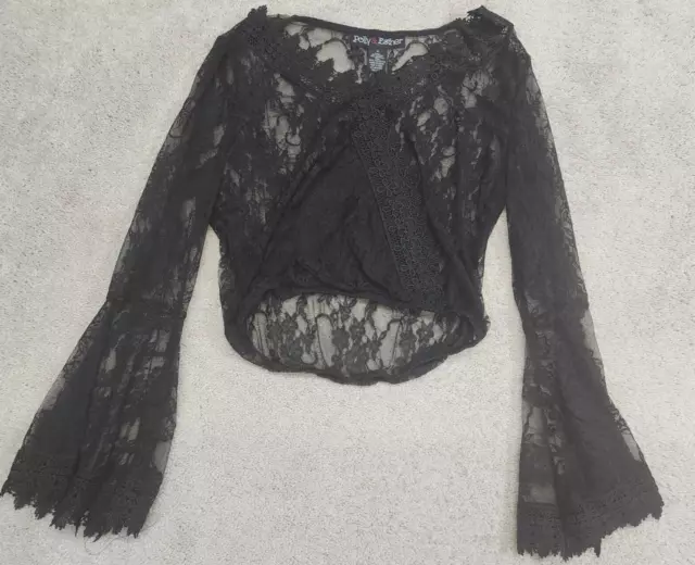 POLLY & ESTHER Women's Black Long Sleeve Black Lace Sheer Cropped Top ...