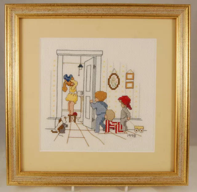 Pretty Framed Cross Stitch Picture of Four Children & a Dog