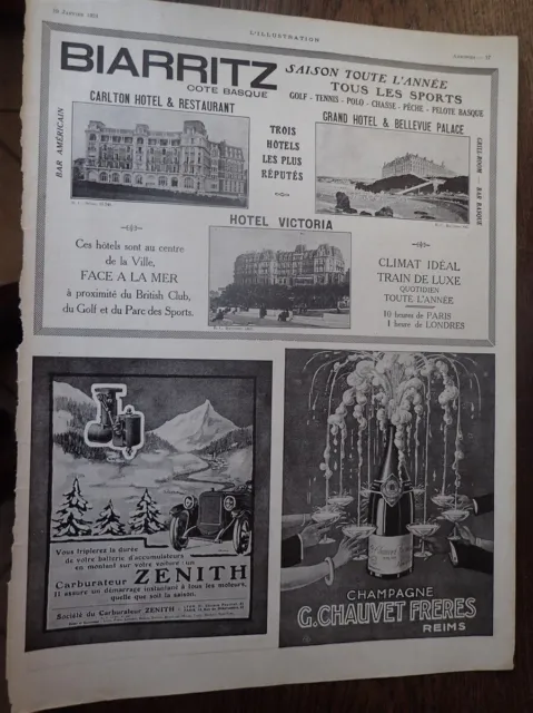 ZENITH + BIARRITZ Hôtels VICTORIA  CARLTON + Champagne CHAUVET ILLUSTRATION 1924