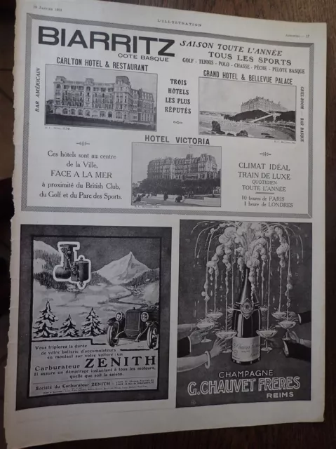 ZENITH + BIARRITZ Hôtels VICTORIA  CARLTON + Champagne CHAUVET ILLUSTRATION 1924