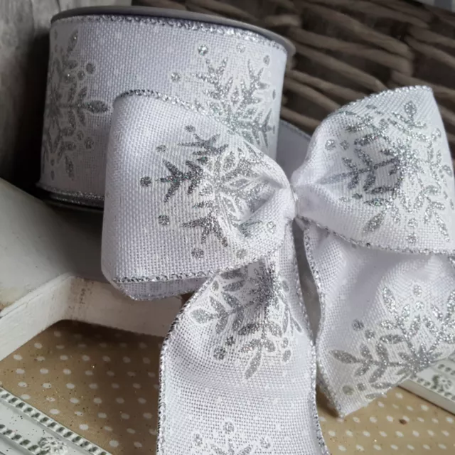 Wired White Hessian With Silver Glitter Snowflakes Christmas Ribbon. Xmas Tree 3