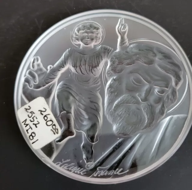 LALIQUE St Christopher Medallion Car Mascot Paperweight Cache 3” Diameter