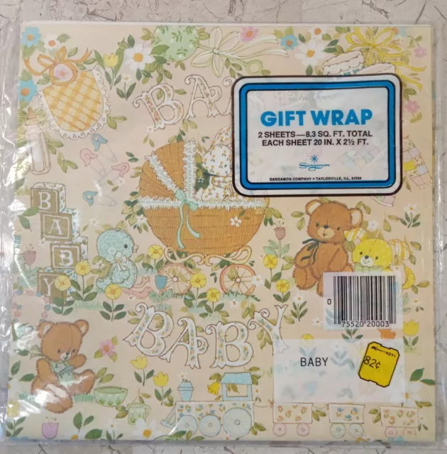 Vintage 1960's Baby Shower Wrapping Paper Green Yellow Gender