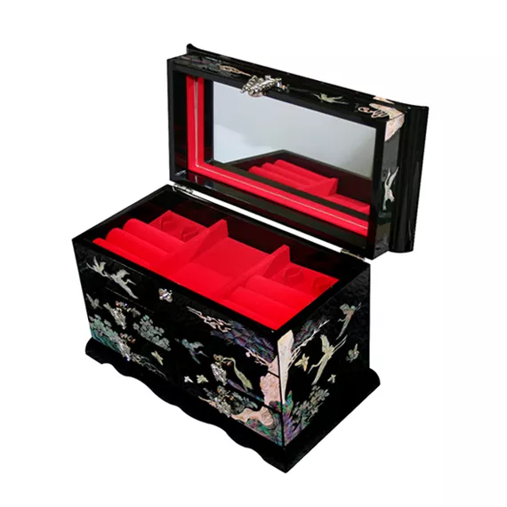 Mother of Pearl Inlay Asian Lacquer Wood Black Treasure Chest Jewelry Drawer Box 3