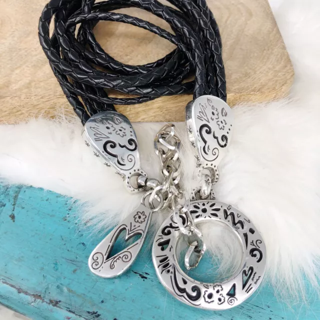 Brighton Hearts Swirls Silver Plate Braided Black Leather Chain Belt