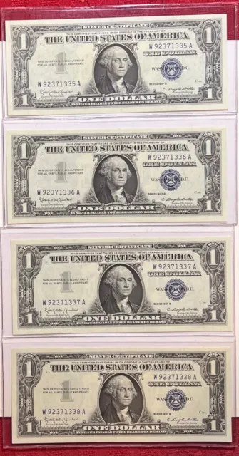 Set of Four 1957 B CONSECUTIVE $1 Silver Certificates Blue Seal