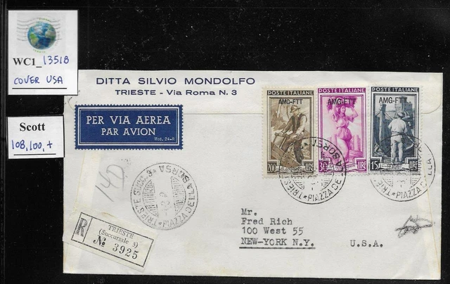 WC1_13518. ITALY: TRIESTE FTT. Cover w. nice trio of 1950 ITALY AT WORK stamps.