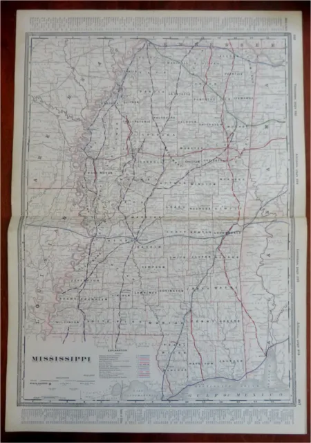 Mississippi State Jackson Biloxi Tupelo Meridian c. 1880's-90 Cram large map