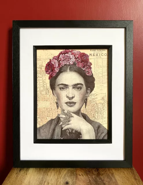 Frida Kahlo Portrait.A4 Print. Pen & Acrylic Over Map Of New Mexico. Unframed