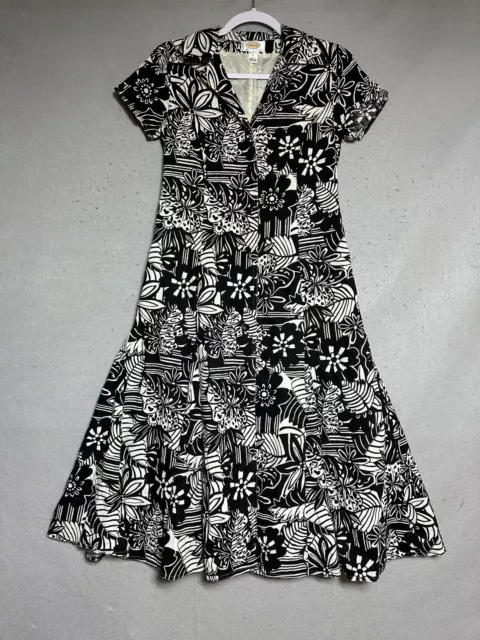 Talbots Dress Womens PS Black Floral Sleeveless Linen Blend Midi Coastal Resort