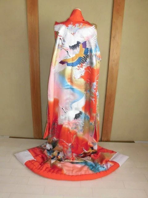 [Excellent] Japanese Kimono Uchikake Crane Wedding Silk Red From Japan