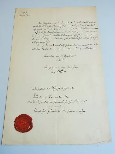 Preußische OSTBAHN: Zeugnis BROMBERG 1873 für K. Schmidt in Abschrift KÖLN 1881