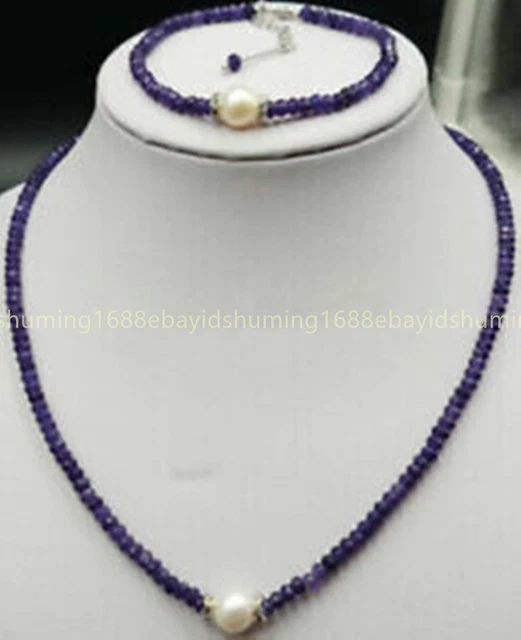 2x4mm Facettiert Lila Amethyst Edelsteine&9-10mm Perle Halskette Armband Set