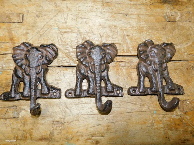 3 Cast Iron ELEPHANT Towel Hanger Coat Hat Hooks Key Rack Hook CIRCUS DUMBO 2