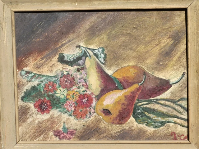 Tableau ancien signée Nature morte aux Fruits Peinture huile sur panneau de bois