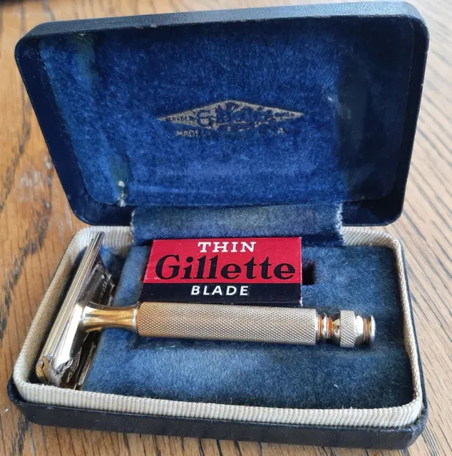 Vintage 1930's Gold Gillette Safety Razor with Original Case and a THIN blade