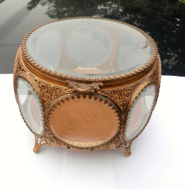 Vintage Lrg 6" Oval Round Beveled Glass 8 Sided Filigree Ormolou Jewelry Casket