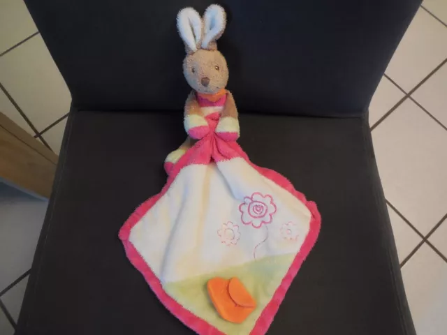 300/ doudou mouchoir lapin blanc rose fleur coeur orange TOODO