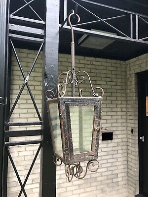 Rustic 19th Century Hand Forged Wrought Iron Outdoor Candle Lantern