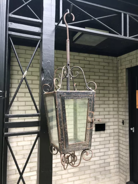 Rustic 19th Century Hand Forged Wrought Iron Outdoor Candle Lantern