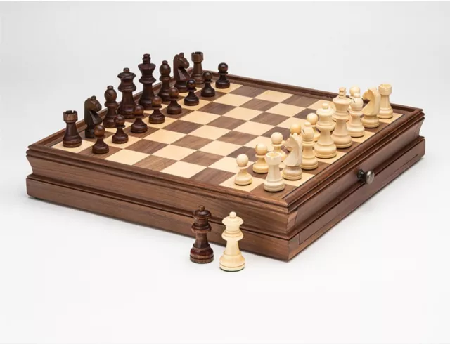 Deluxe Walnut 38*38*7.6cm Chess & Checkers Set Wooden Timber Drawer 2 in 1 3