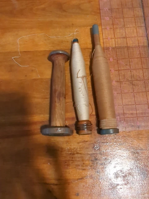 Lot Of 3 Antique Wooden Textile Mill Bobbin Spool Spindle
