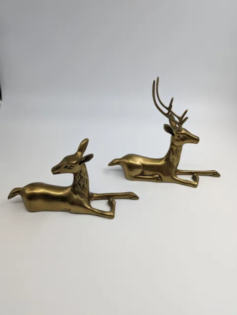 Vintage Brass Buck and Doe Reclining Deer Figurines
