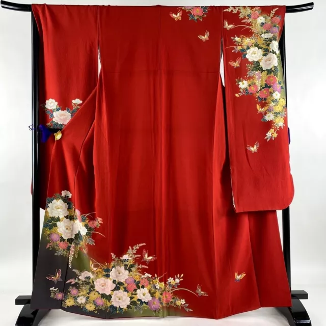 Japanese kimono SILK"FURISODE" long sleeves, Gold leaf, Butterflies,L65"..2476