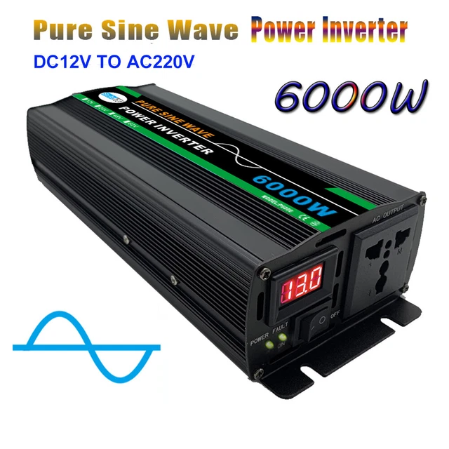 Inversor de potencia de 6000 W onda sinusoidal pura para automóvil CC 12V 24V a CA 220V con pantalla LED