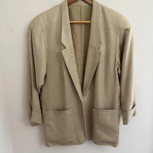 Preston & York Women's Blazer Linen Blend Light Brown One Button Pockets Vintage