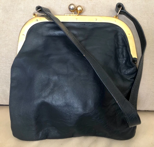 Petit Sac à Main Vintage En Cuir Noir - Années 1960 - À Remettre En Forme