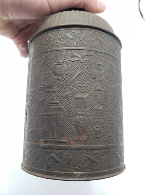 Antique Metal Oriental Tea Caddy Tin Container Victorian Chinese Export 19th cen